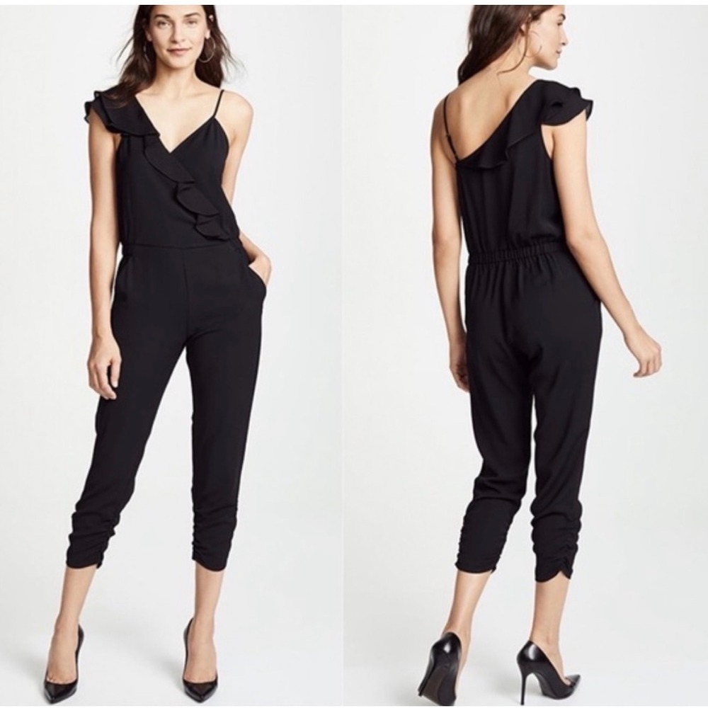 Parker Addison Black Asymmetrical Ruffle Jumpsuit Silk Blend Size 6‎